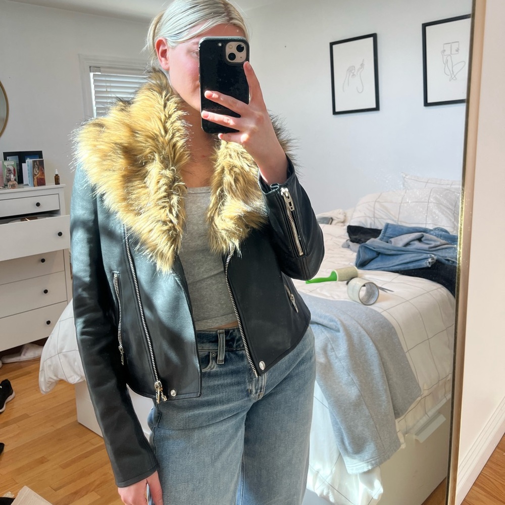 Blank NYC Black Leather Jacket with Removable Faux Fur Collar